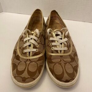 Coach Signature C Audrey Canvas Lace Up Sneakers Women's Size 5.5 Brown Gold